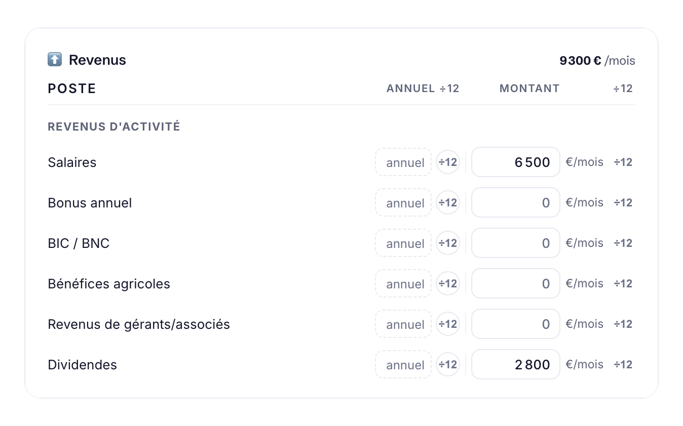 Budget du client : revenus mensuels, salaires et dividendes